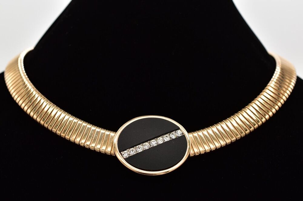 Park Lane Vintage Collar Necklace Black Crystal Omega Flex Chunky Signed BinBE